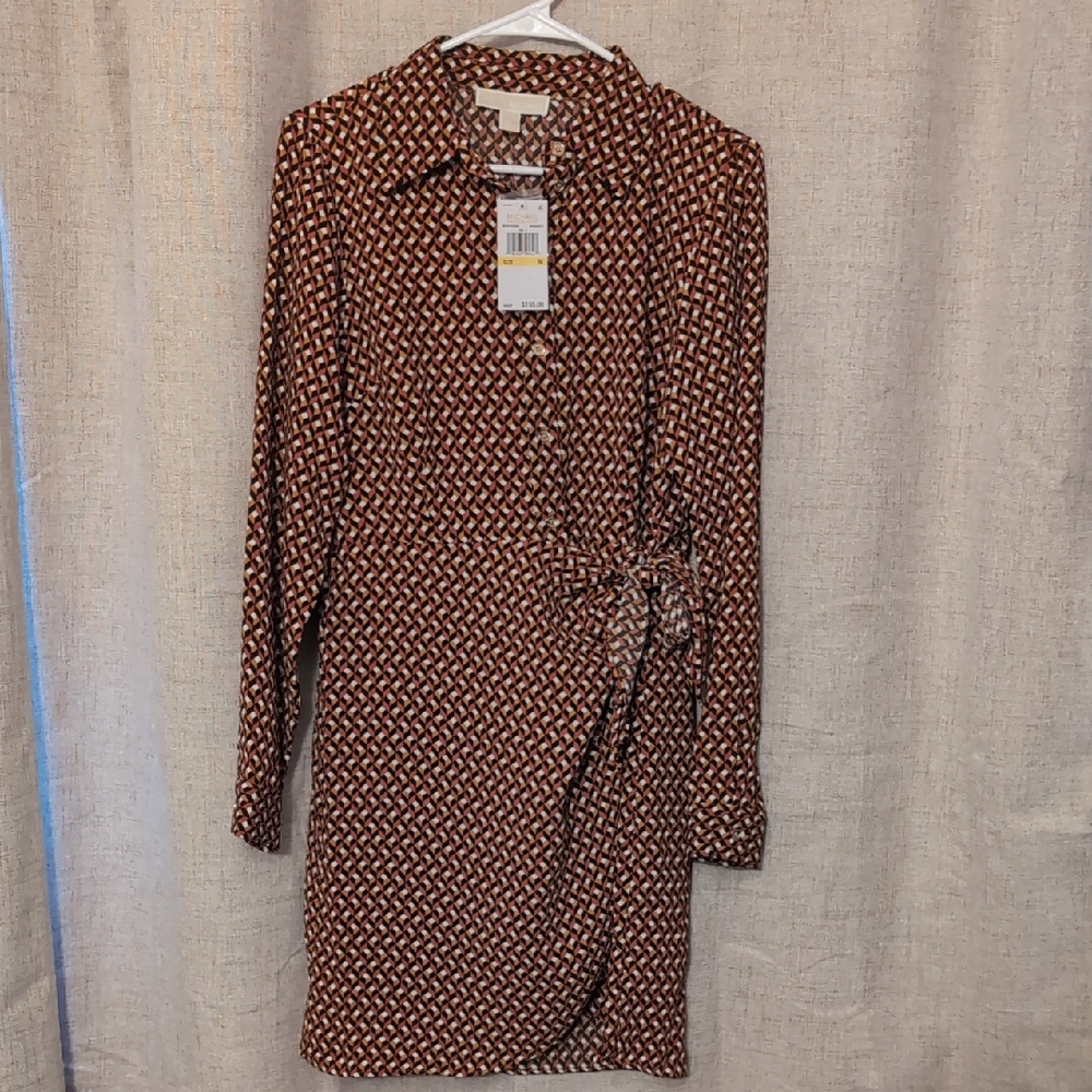 NWT: Michael Kors Brown Geometric Long Sleeve Dress